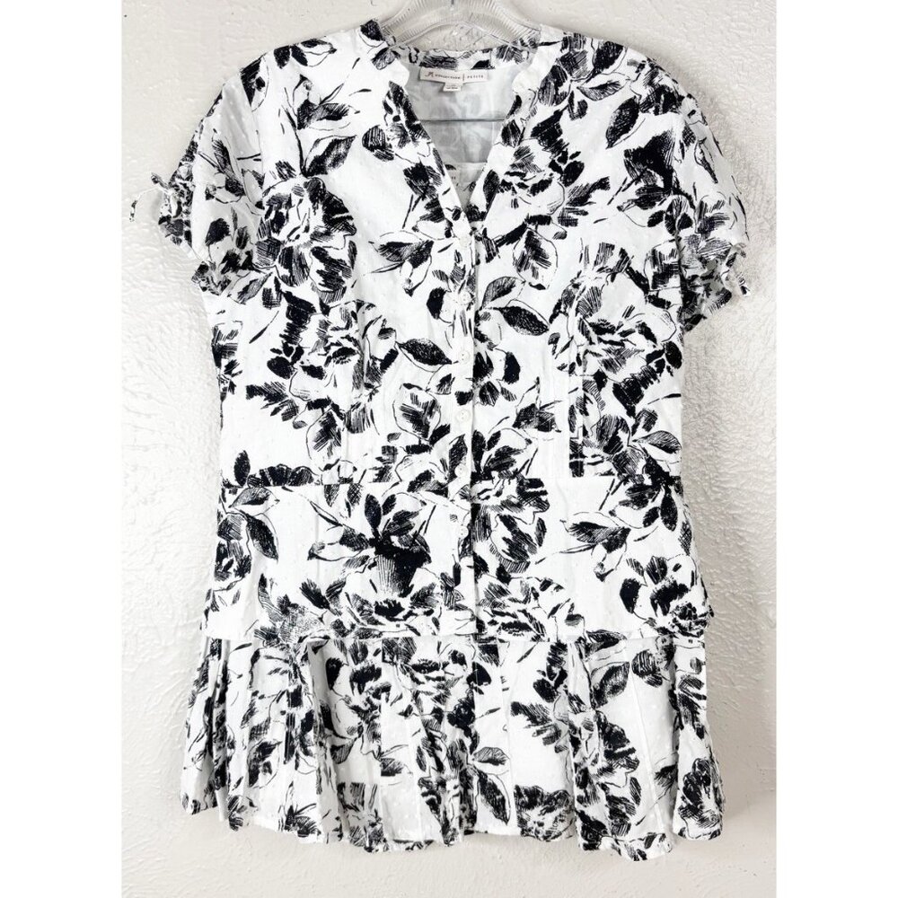 JM Collection Sz 8 Petite (2 Pc Skirt Set ) Black & White Floral 100% Cotton EUC